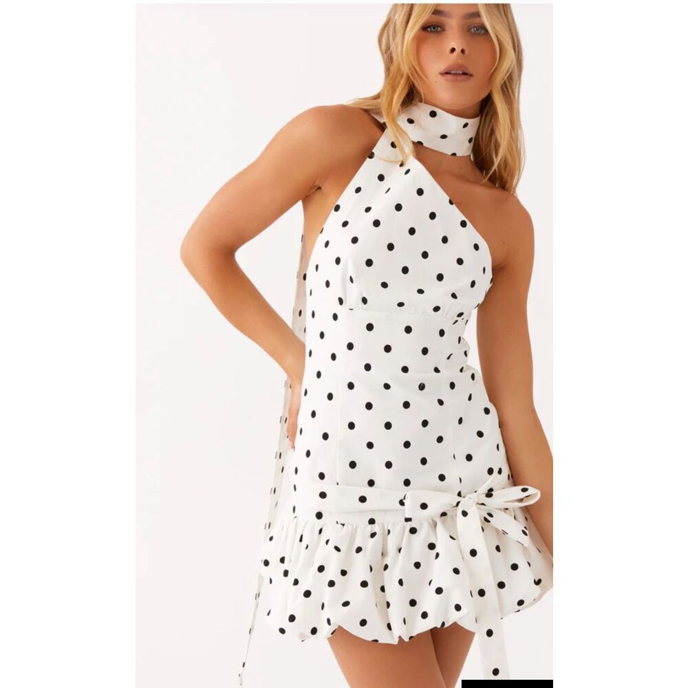 NWT Peppermayo Exclusive Belina Scarf Mini Dress White Polkadot Women’s Size 18
